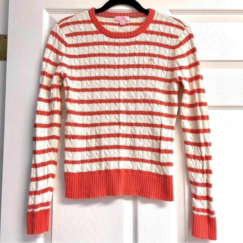 LILLY PULITZER Y2K Cable Knit Crew Neck Coral Striped Cotton Sweater Size S